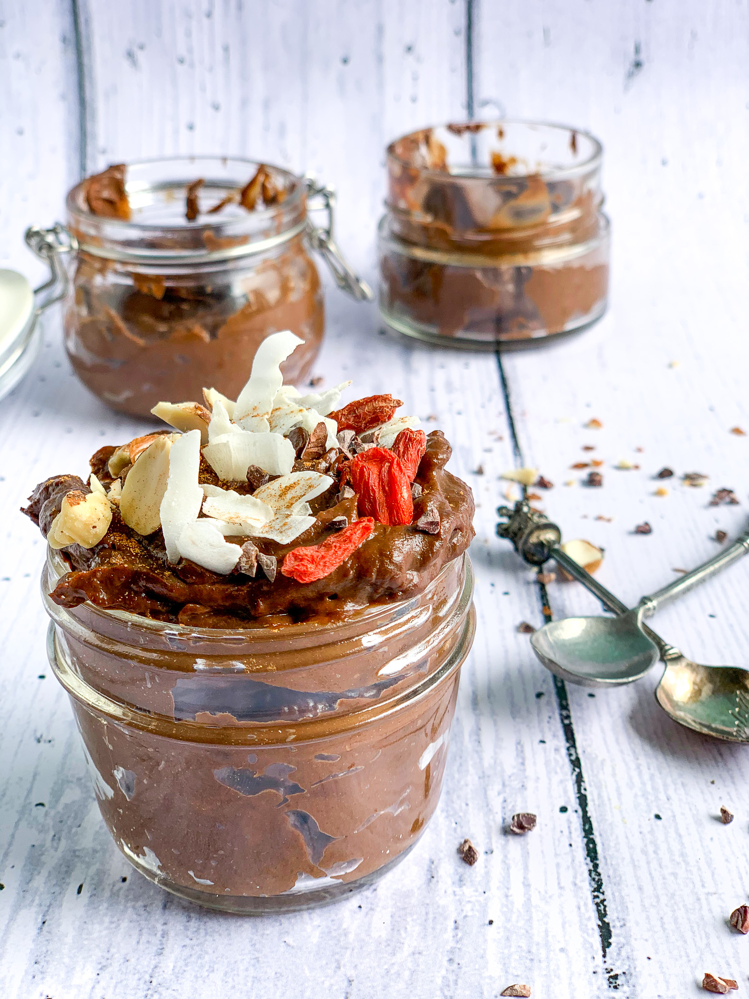 Vegan Chocolate Moose in small Jars with toppings